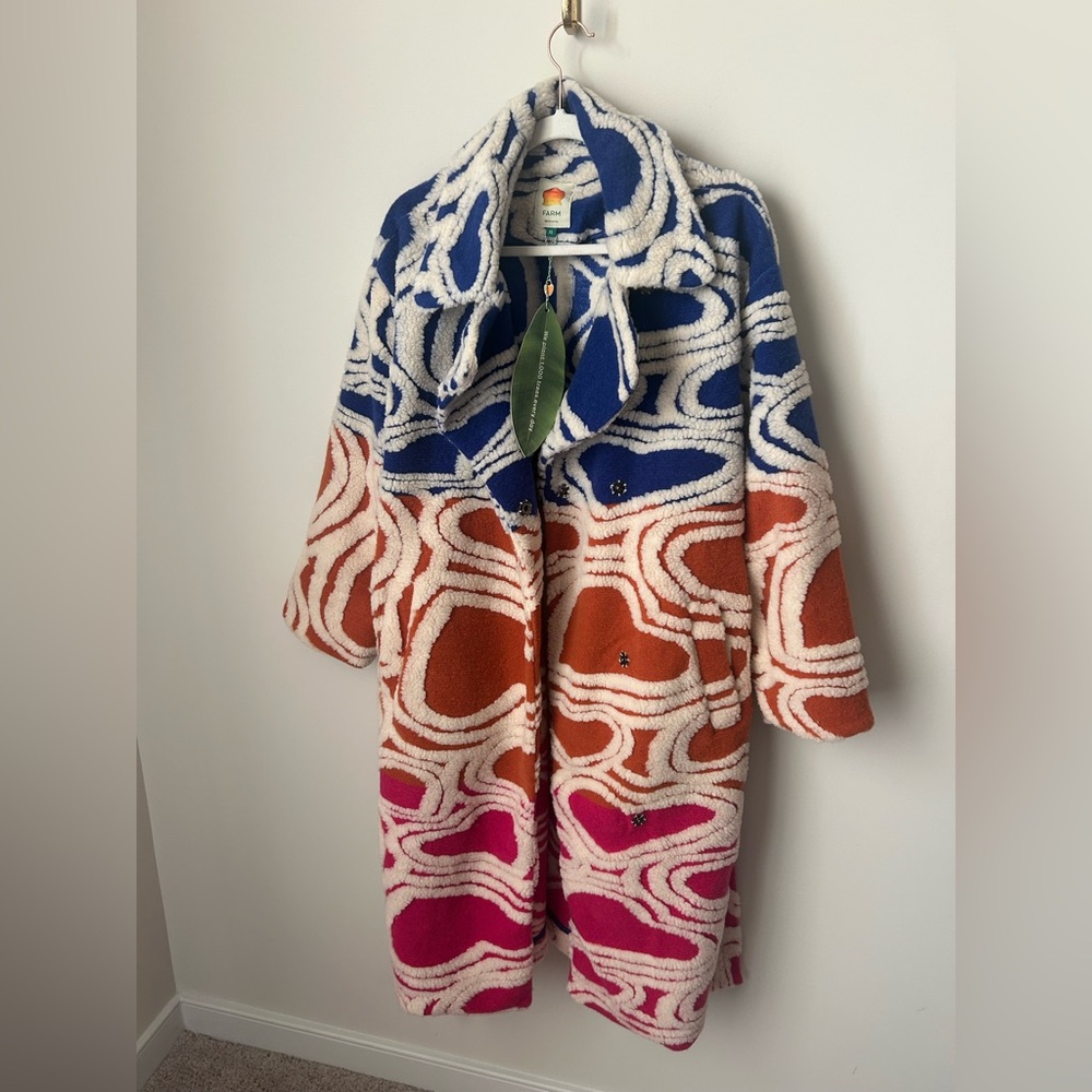 Farm Rio cream Hearts colorful Fleece Sherpa trench Coat with belt